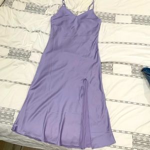 Midi lavender satin slip dress with slit